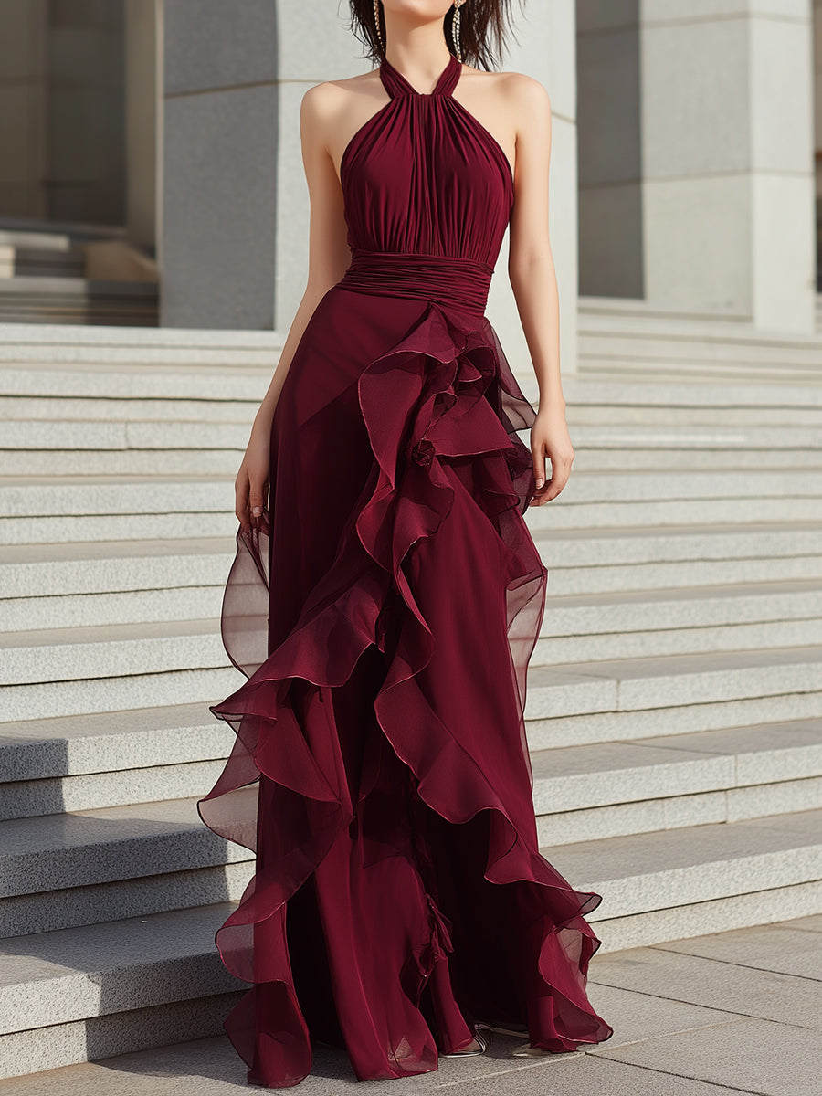 Elegant Halter Neck Evening Gown With Draped Design – KOCKU