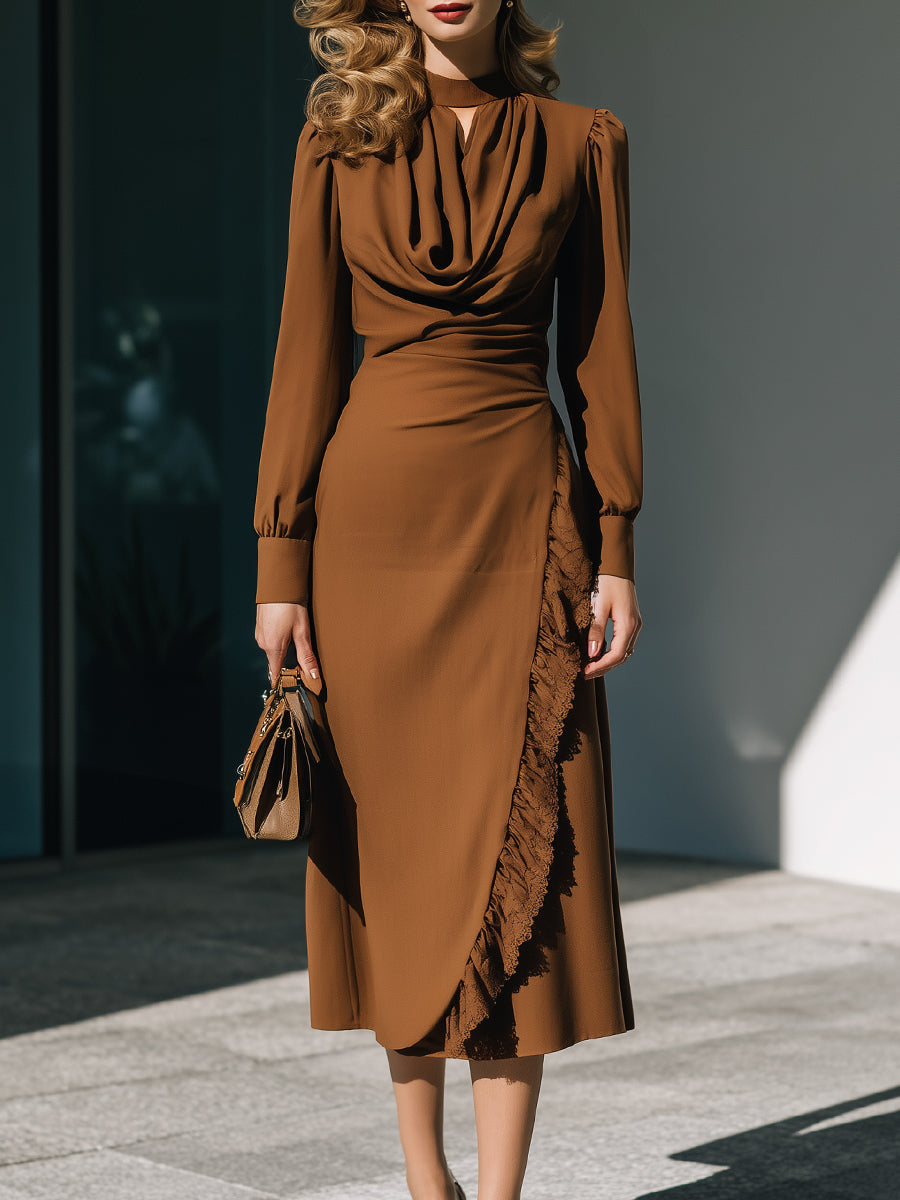 Cocoa Brown Draped Neck Long-Sleeve Midi Dress With Textured Ruffle Tr