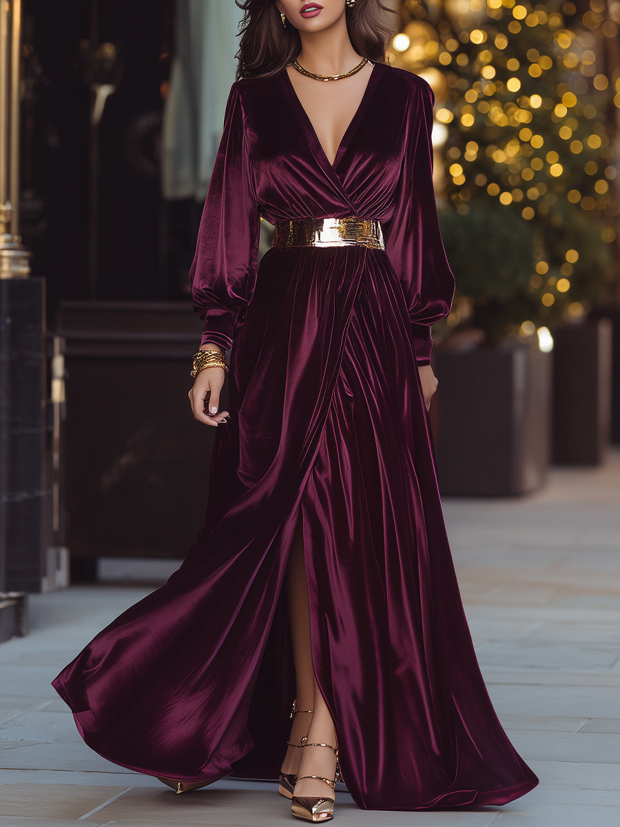 Velvet Burgundy Wrap Dress With Gold Belt – KOCKU