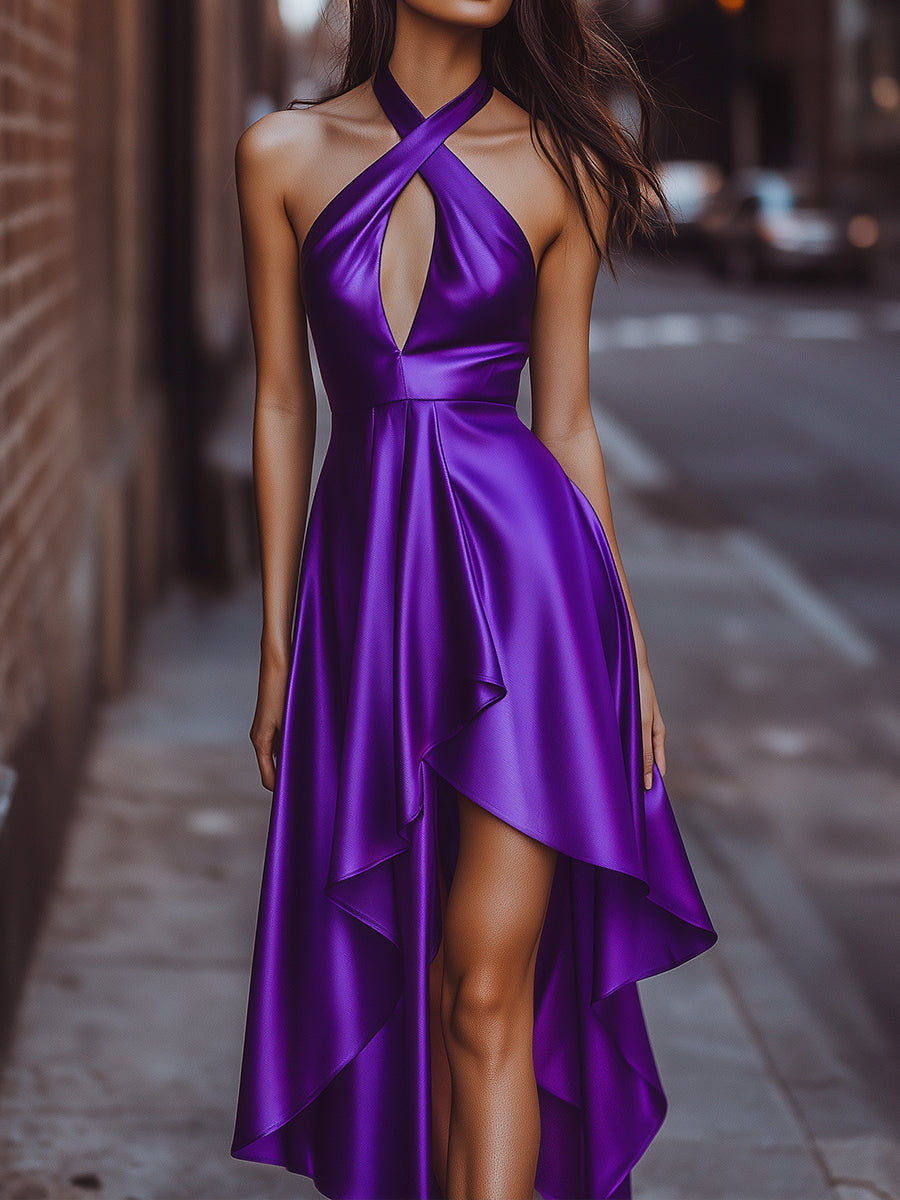 Elegant Purple Satin HighLow Halter Dress KOCKU — free download