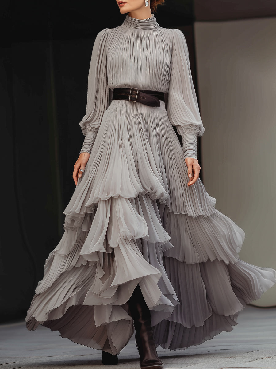 Long Sleeve High Neck Maxi Dress - Gray main image 0
