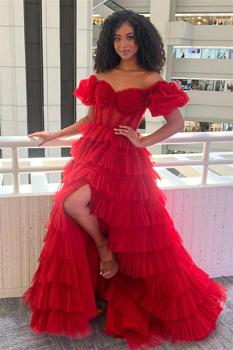 Charming A Line Off the Shoulder Red Corset Prom Dress with Ruffles – KOCKU