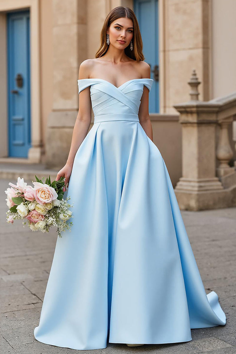 Satin A Line Off the Shoulder Court Train Sky Blue Wedding Dress – KOCKU