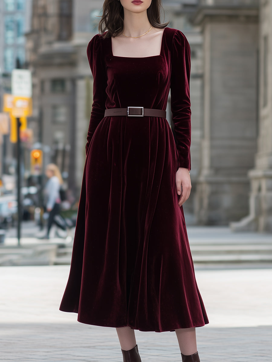 Burgundy Velvet Midi Dress With Square Neckline – KOCKU