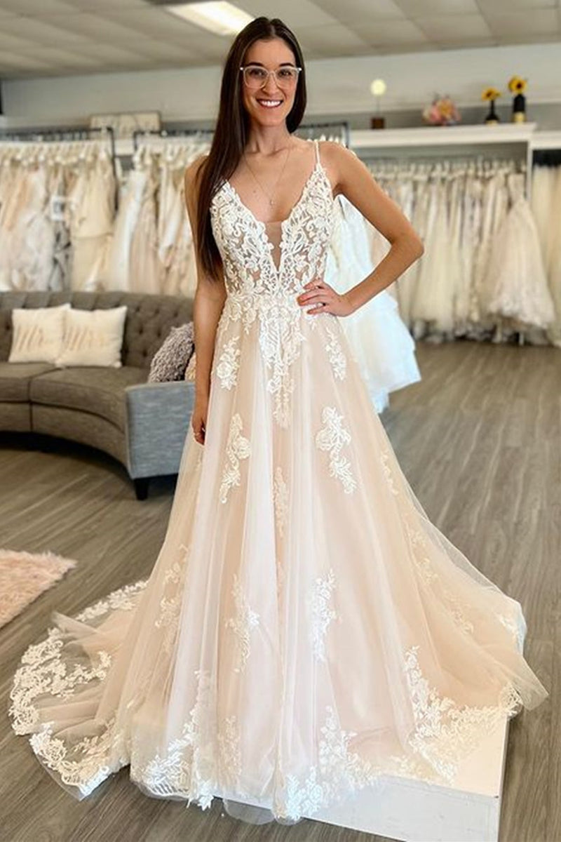 A Line V Neck Champagne Lace Long Wedding Dress – KOCKU