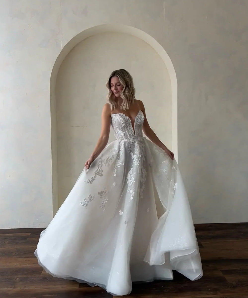 Beaded V-Neck A-Line Wedding Dress with Floral Lace Appliqués – Custom