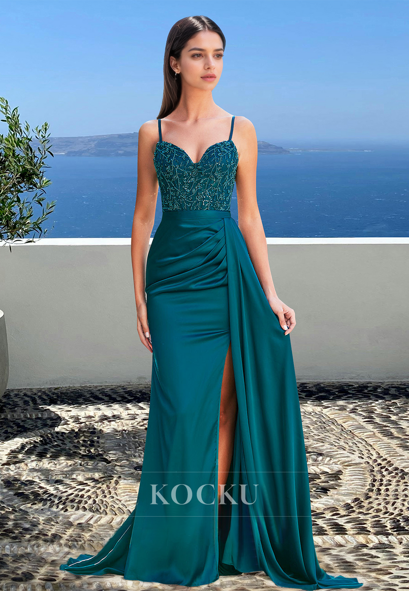 Sheath V Neck Spaghetti Straps Beaded Appliques High Side Slit and Train Prom Dress
