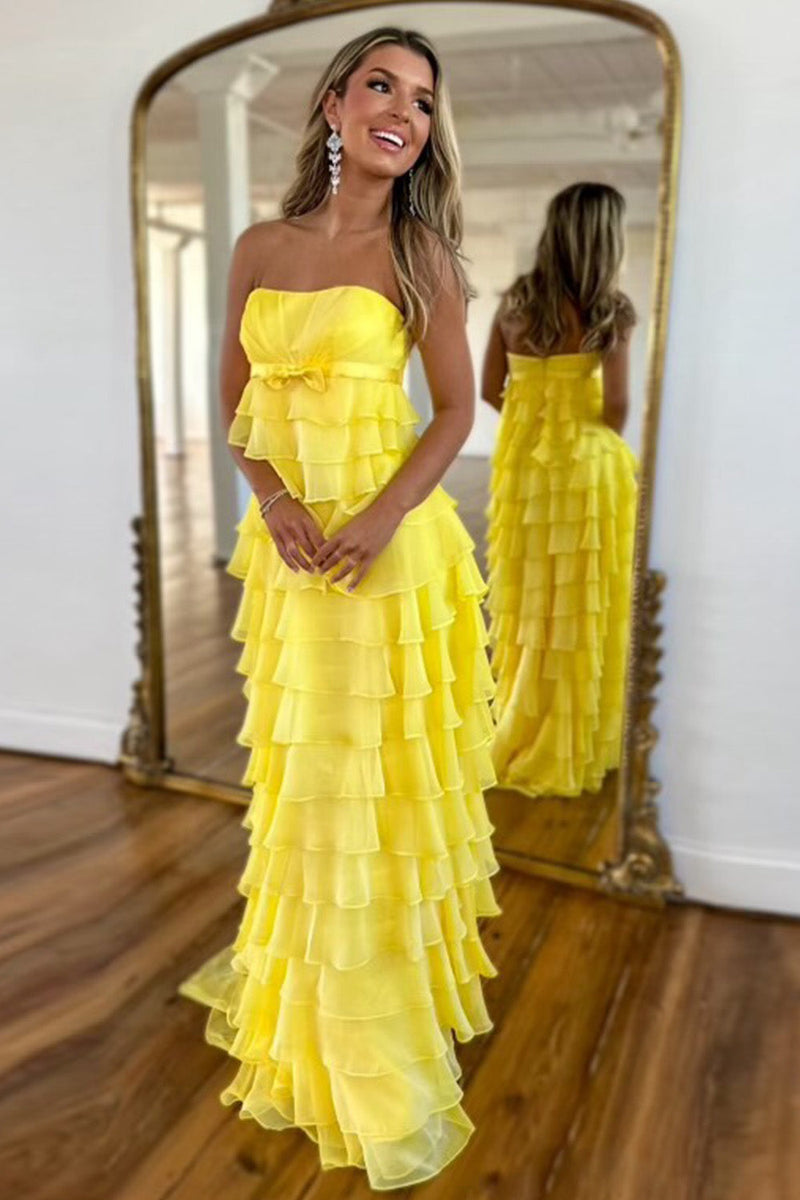Light yellow sleeveless straight-cut long elegant prom dress R7984 main image 0