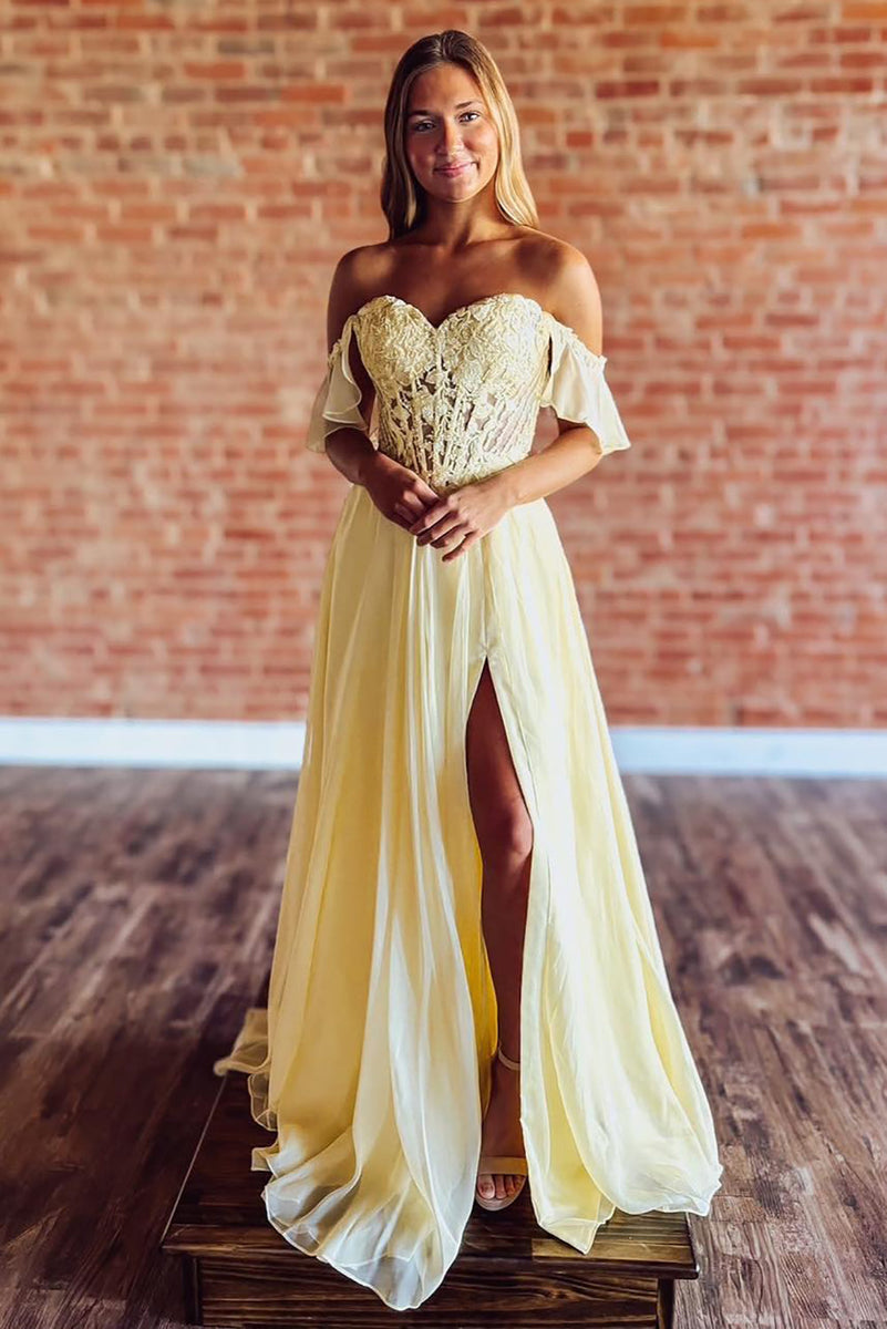Off Shoulder A Line Chiffon Long Prom Dresses Lace Appliqued Party Gow