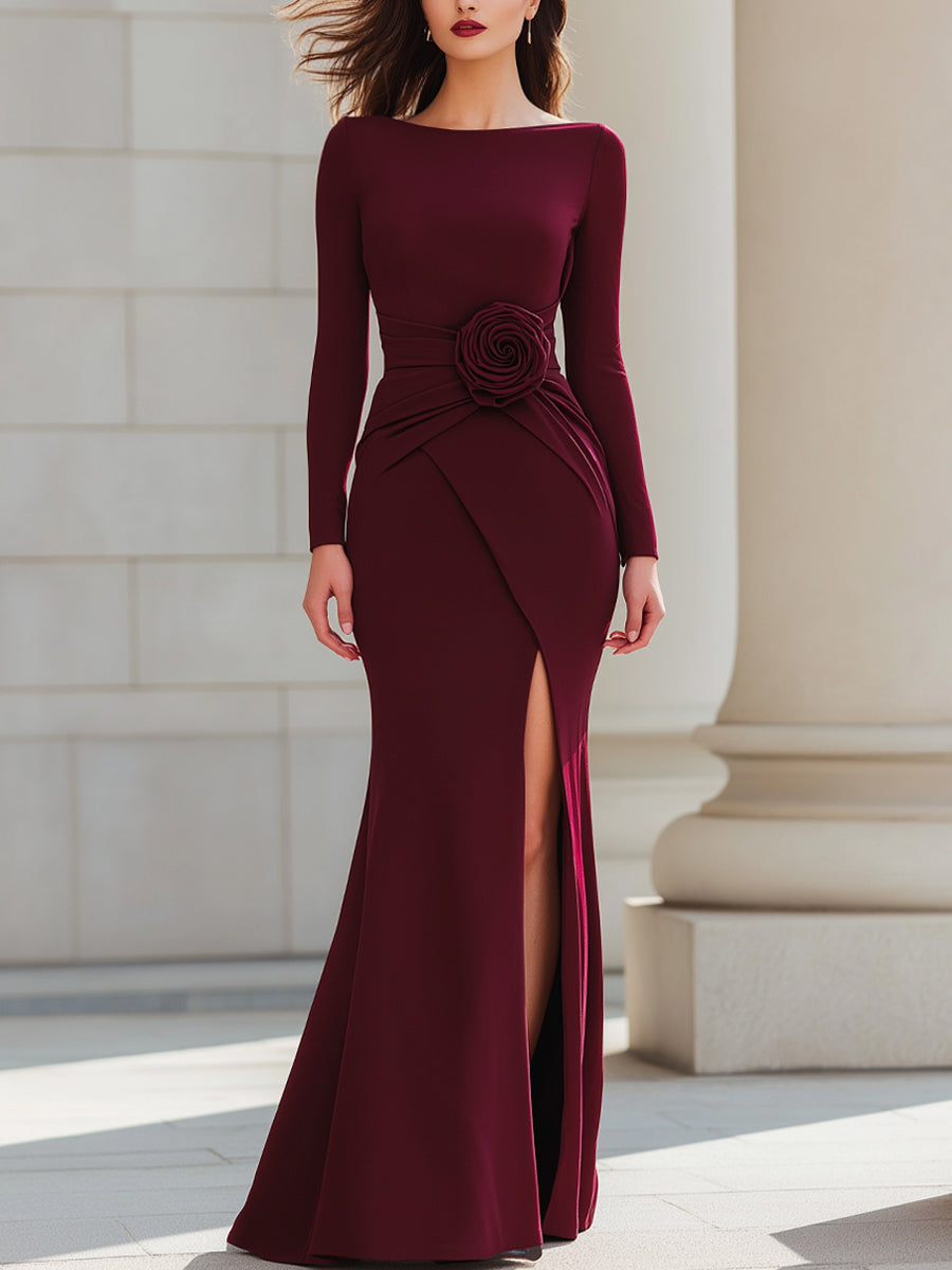 Burgundy Long-Sleeve Evening Gown With Rose Detail – KOCKU