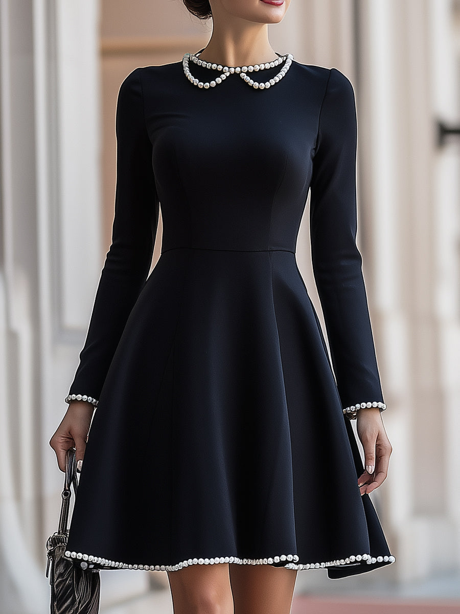 Elegant Black A-Line Dress With Pearl Trim – KOCKU