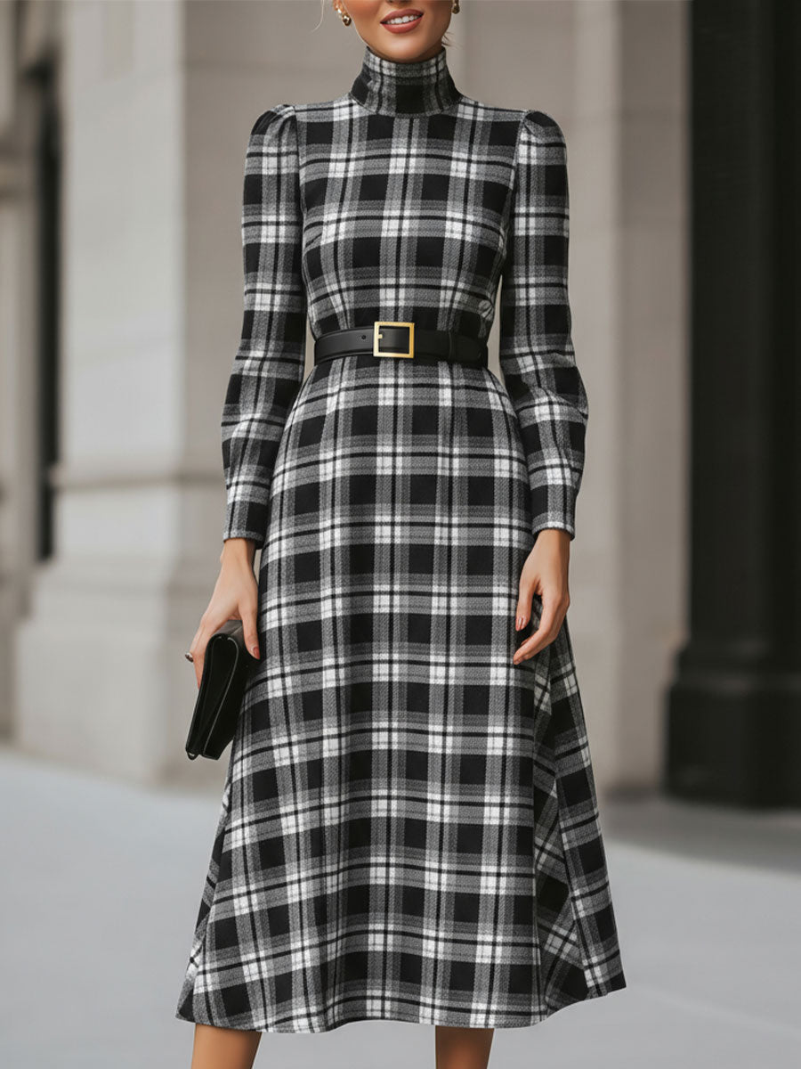 Chic Black And White Plaid Midi Dress With Belted Waist – KOCKU