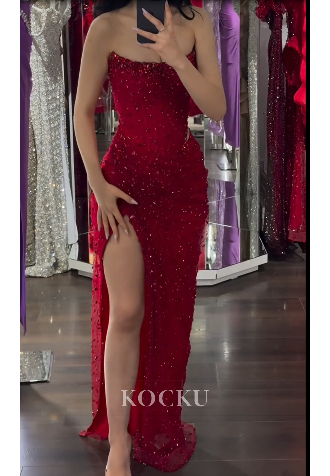 strapless open back dress New Arrival Elegant Tube Top Stitching Sequin Mermaid Sparkly Prom Dre –  SposaBridal main image 1