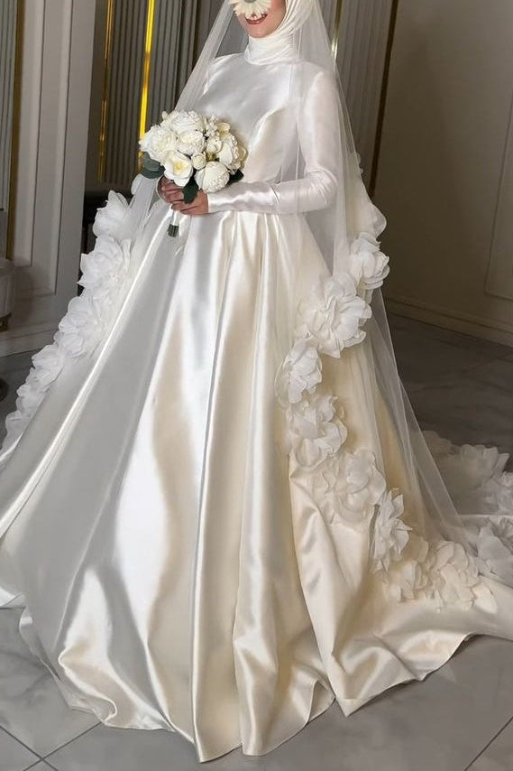 Satin Long Muslim Wedding Dress Full Sleeves