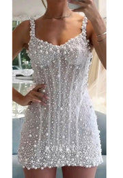 Mini Spaghetti Straps V Neck Beaded Short Wedding Dresses Party Gown