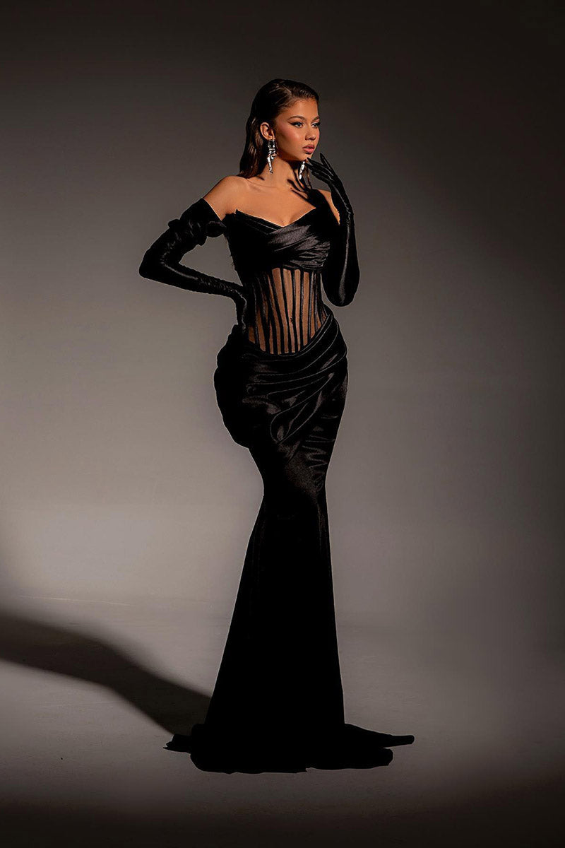 L1228 - Mermaid/Trumpet Strapless Sheer Ruched Satin Long Prom Evening ...
