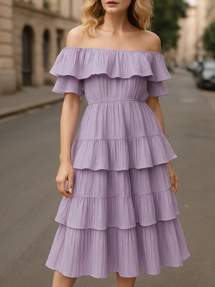 Off-Shoulder Tiered Ruffle Midi Dress In Lavender – KOCKU