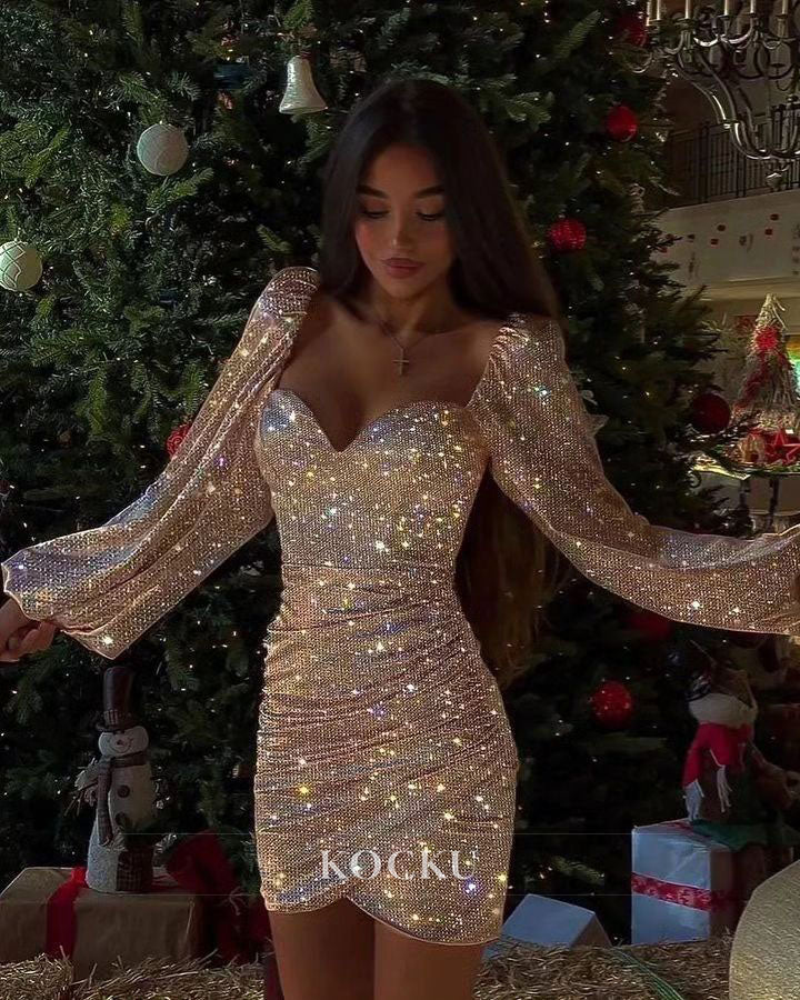 Sweetheart Sheath Homecoming Dress Long Sleeves Sparkly Short Prom Dre KOCKU Sweetheart Sheath Homecoming Dress Long Sleeves Sparkly Short Prom Dre KOCKU