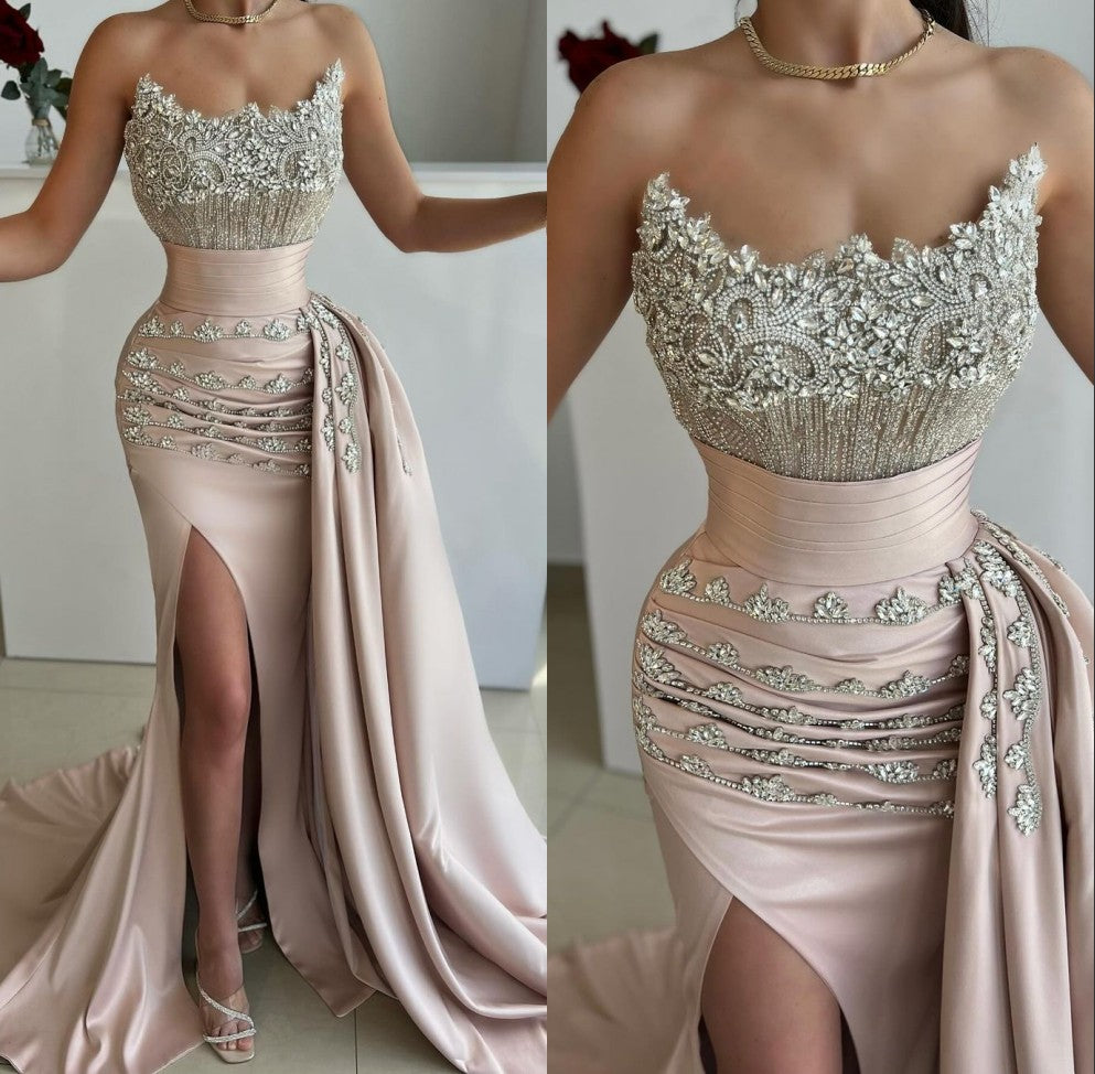 Tube Top Sheath Prom Dress Sleeveless High Split Train Pleated Satin E KOCKU Tube Top Sheath Prom Dress Sleeveless High Split Train Pleated Satin E KOCKU