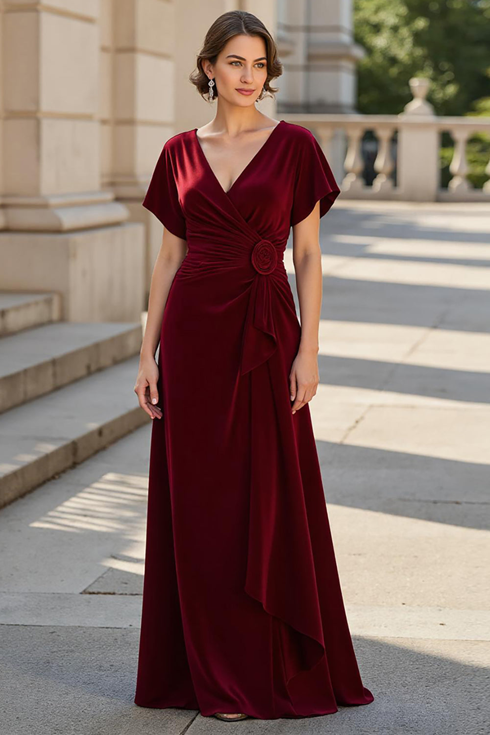 A Line V-Neck Ruched Long Burgundy Mother of the Bride Dress – KOCKU