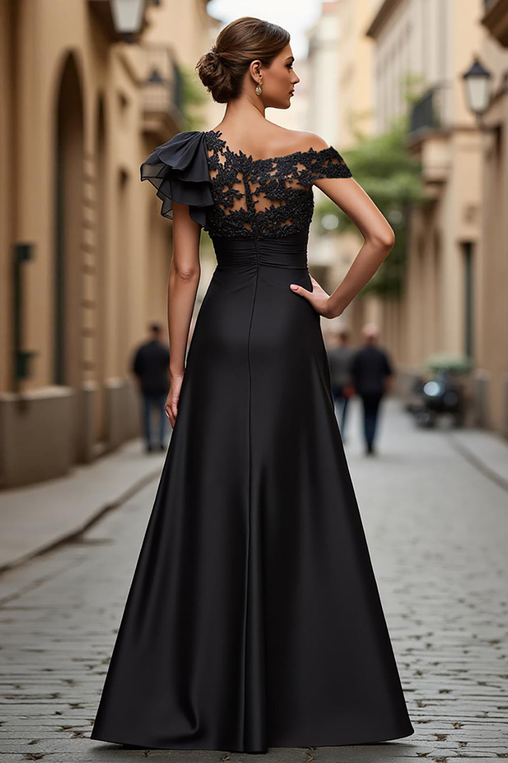 A Line Asymmetrical Black Mother of the Bride Dress with Appliques – KOCKU