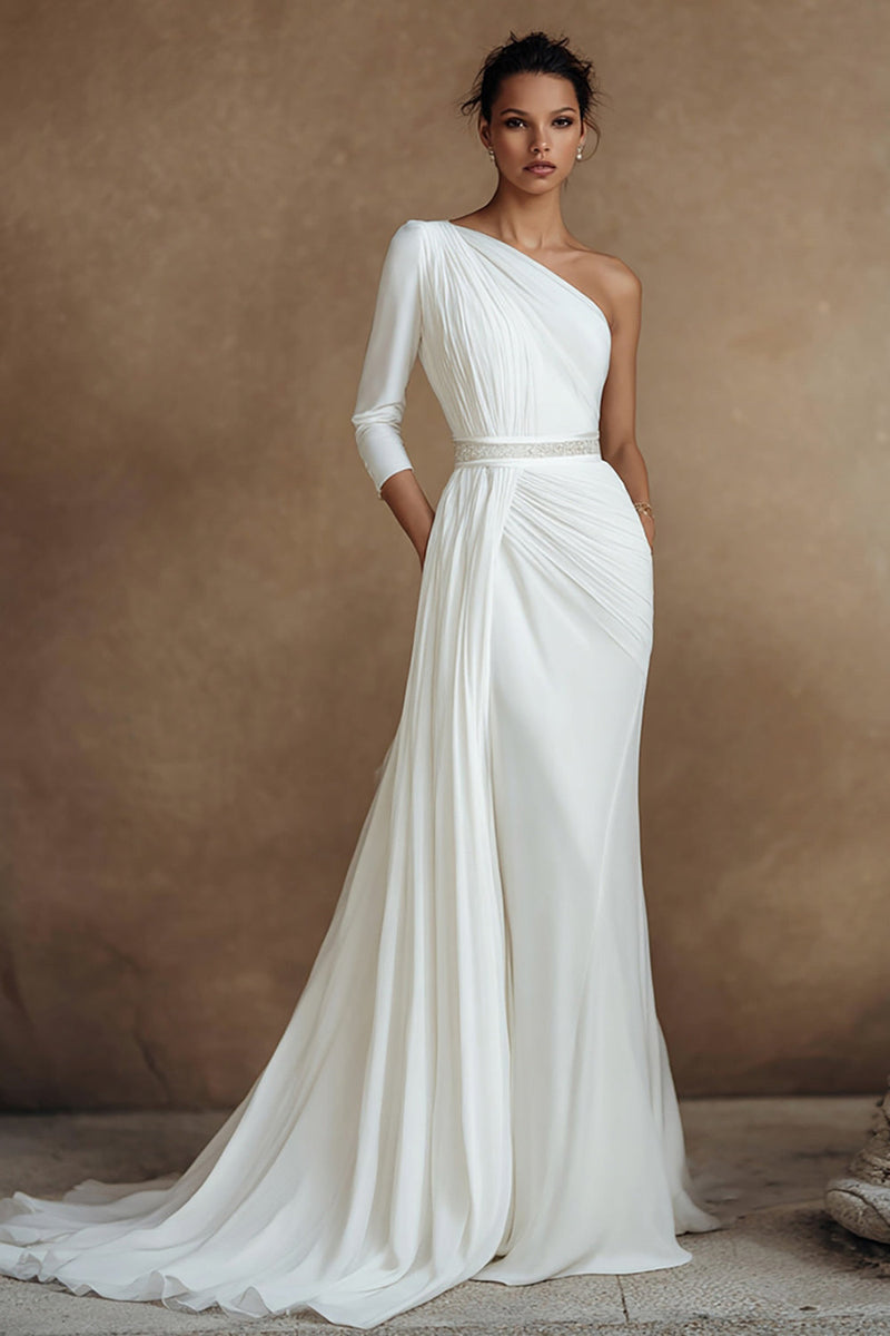 One Shoulder Ivory Sheath Wedding Dress with Sash – KOCKU