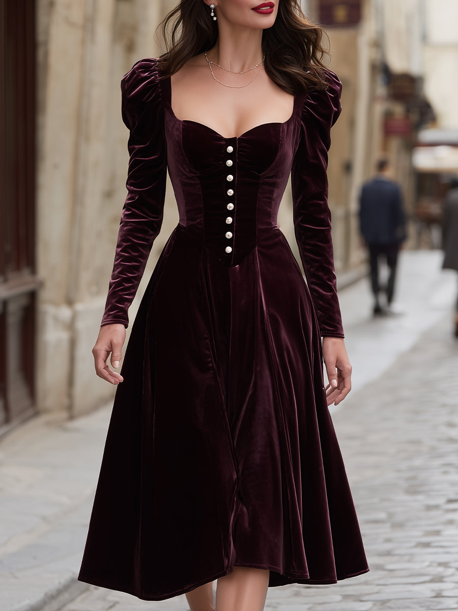KOCKU Burgundy Velvet Corset Midi Dress