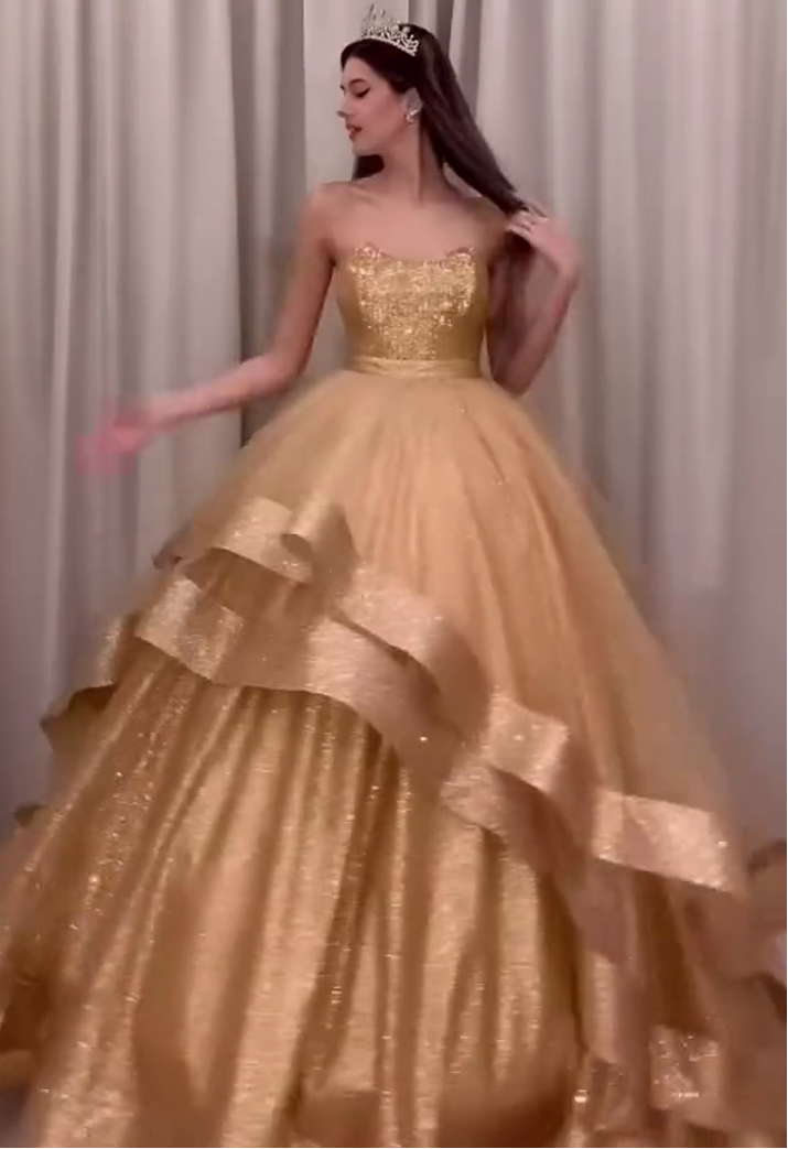 Gold Sequins Tube Top Sleeveless Prom Dress with Ruffle Hem /A-Line He – KOCKU