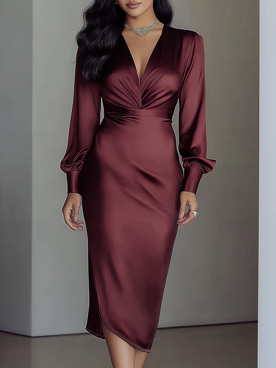 Burgundy Satin Ruched Midi Dress – KOCKU
