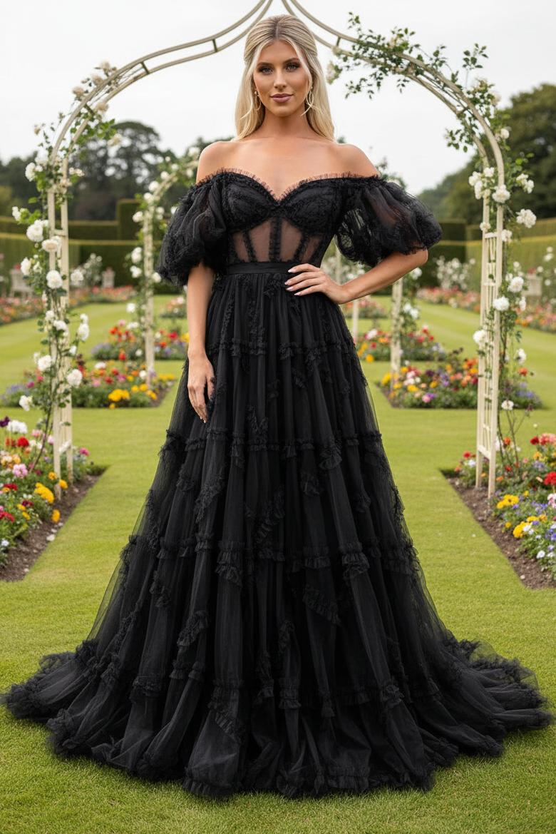 Black Tulle See Through Off Shoulder Ruffled Prom Dresses – KOCKU