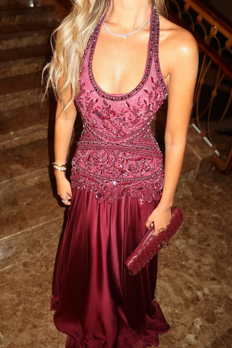 Romantic A Line Halter Neck Burgundy Long Prom Dress with Appliques Be ...