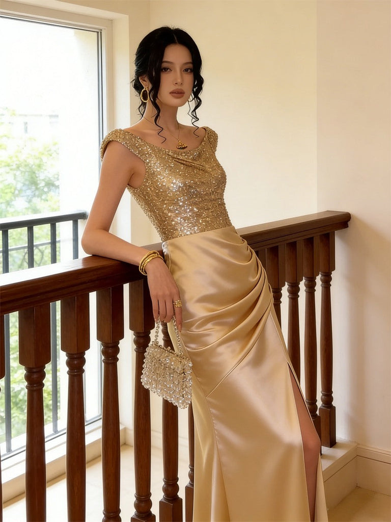 satin sequin dress Red Sparkly Sequin Prom Dress with Satin Overskirt & Slit