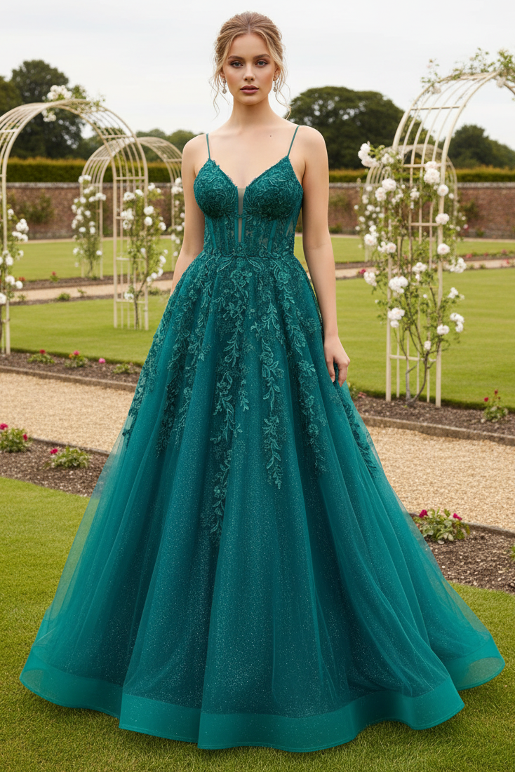Shiny Green A-line Spaghetti Straps Prom Dresses With Appliques KOCKU Shiny Green A-line Spaghetti Straps Prom Dresses With Appliques KOCKU
