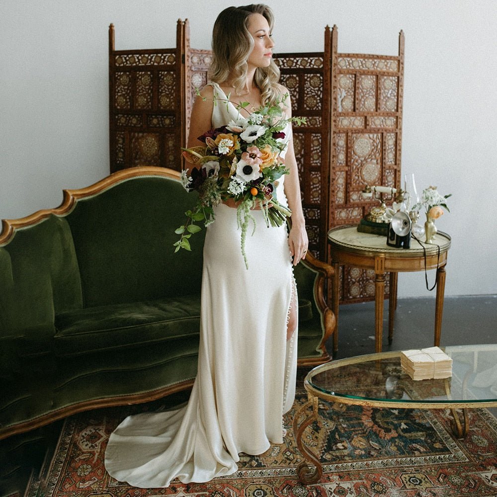 white silk cowl neck wedding dress Cowl Floor-Length Satin Wedding Dress Sheath Column Amoris T815W