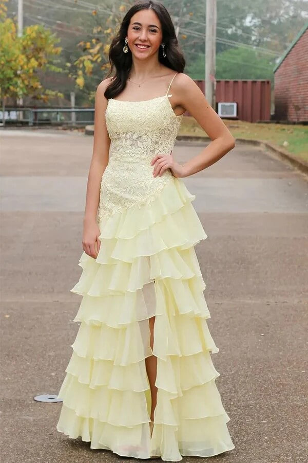 Yellow Chiffon A-line Layered Spaghetti Straps Long Prom Dress With Sl   KOCKU
