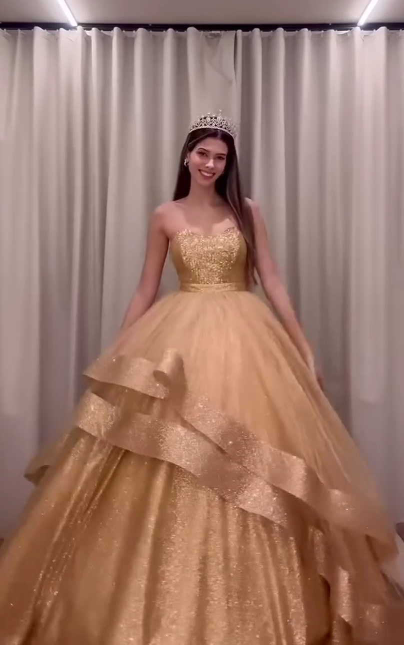 Gold Sequins Tube Top Sleeveless Prom Dress with Ruffle Hem /A-Line He KOCKU Gold Sequins Tube Top Sleeveless Prom Dress with Ruffle Hem /A-Line He KOCKU