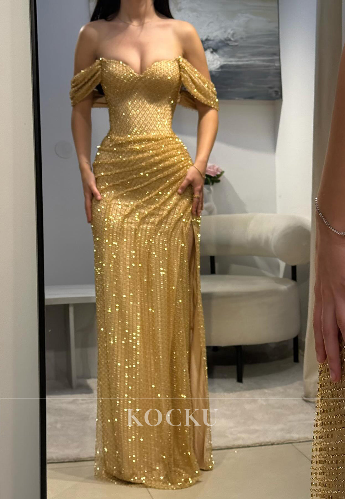 Off - Shoulder Ruched Gold Rhinestone - Encrusted Mermaid Gown with Hi KOCKU Off - Shoulder Ruched Gold Rhinestone - Encrusted Mermaid Gown with Hi KOCKU