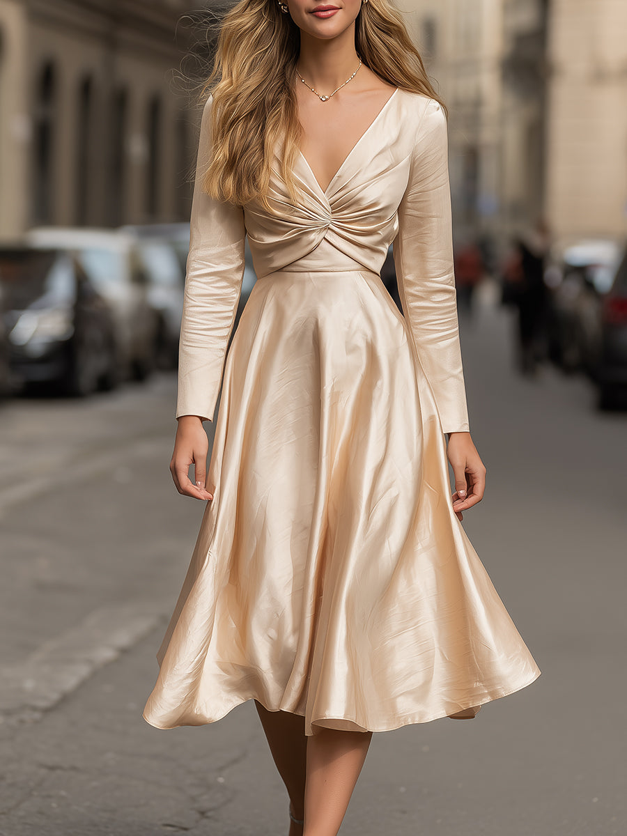 Champagne Satin Twist-Front Midi Dress – KOCKU