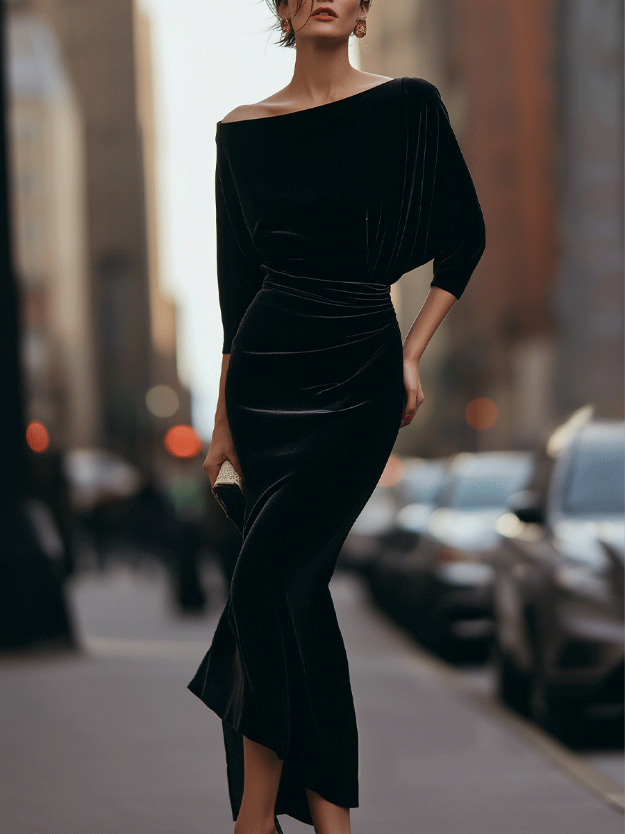 Black Off-Shoulder Velvet Dress With Draped Detail – KOCKU