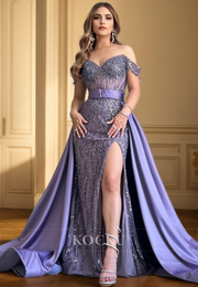 L1242 - Off-Shoulder Sequined Sheer Sheath Long Evening Dress With Thigh Slit