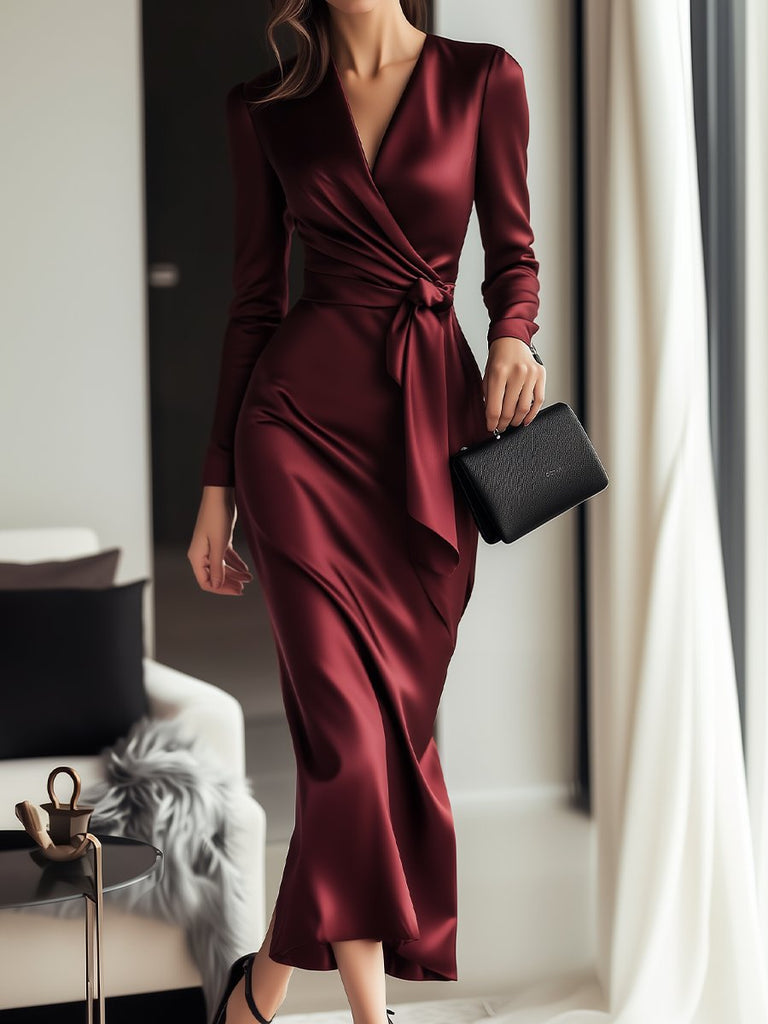 timeless burgundy satin wrap dress with waist tie detail Gal Satin Wrap Mini Dress - Burgundy
