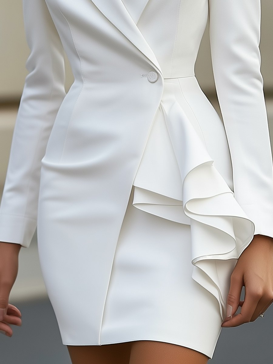 Elegant White Tailored Blazer Dress with Ruffle Detail KOCKU Elegant White Tailored Blazer Dress with Ruffle Detail KOCKU