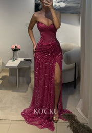 Barbie Pink Strapless Rhinestone - Encrusted Ruched Evening Gown with High Slit